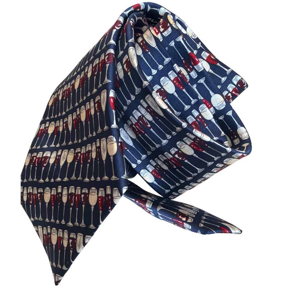 Museum Artifacts Mens Silk Tie Navy Blue Red White Wine Glass Novelty Sommelier